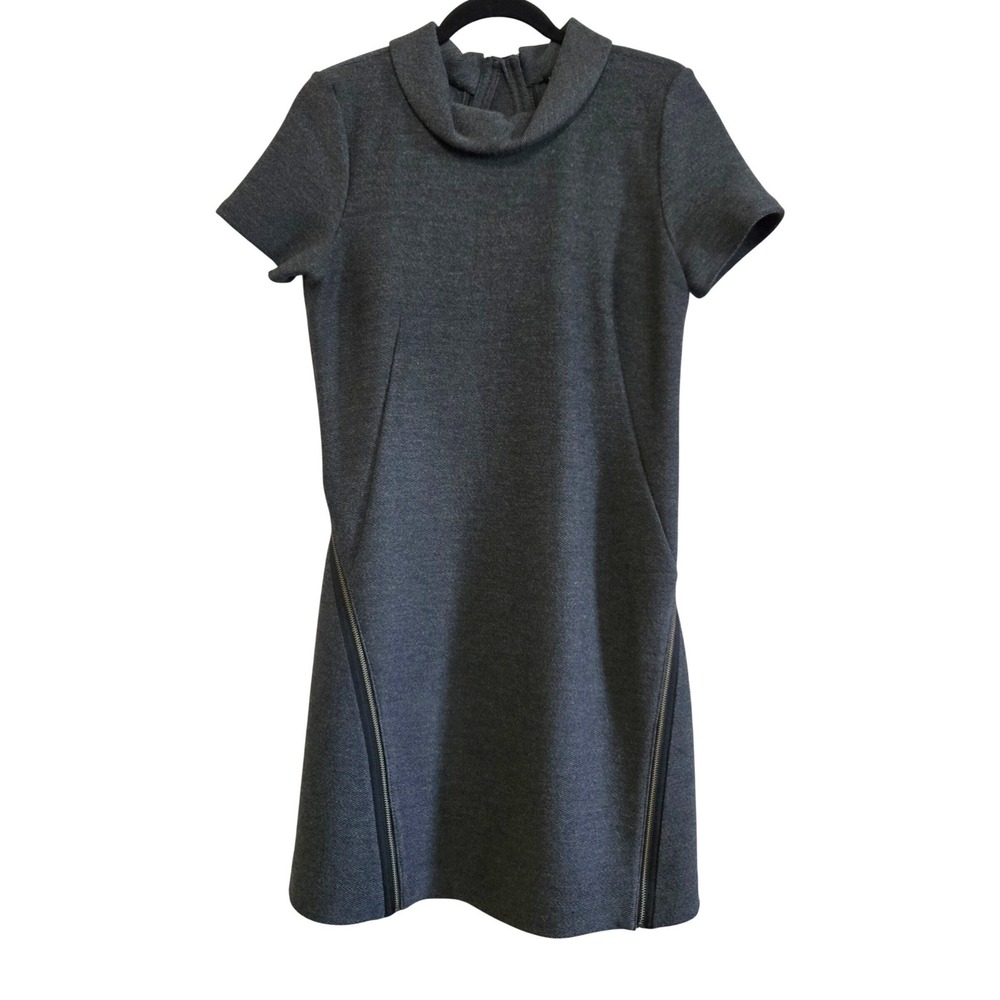 Theory Women's Gray Textured Knit Short Sleeve Funnel Neck Zip Detail Dress Sz 8